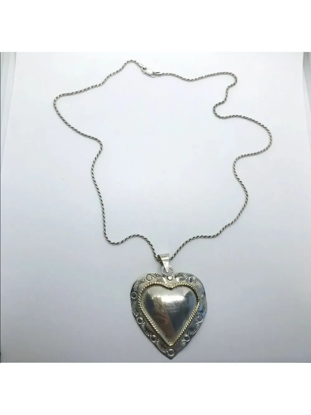 MEXICO STERLING SILVER VINTAGE HEART PENDANT BRASS WIRE DESIGN ON CHAIN …